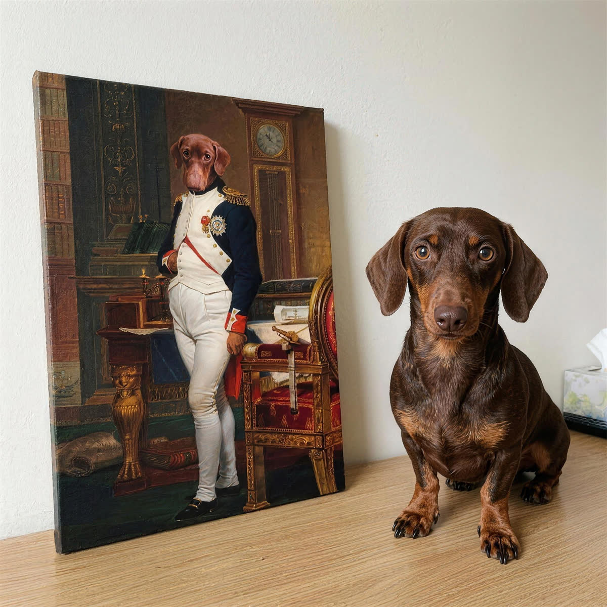 Tierportrait auf Leinwand neben dem abgebildeten Dackel